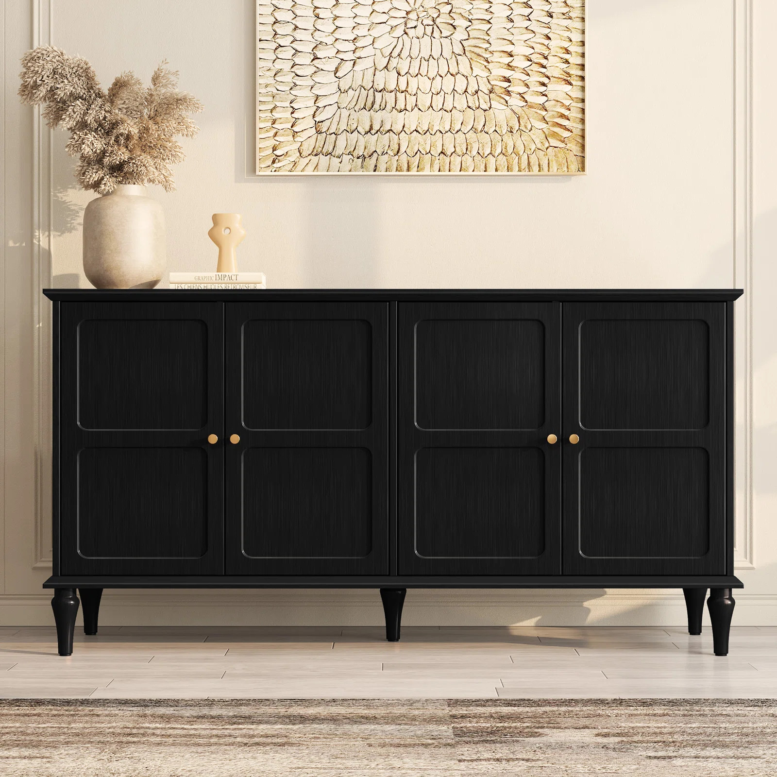 Charlton Home® 58" Mid-Century 4-Door Cabinet with Adjustable Shelves and Removable Tall Wine Gl... | Wayfair North America