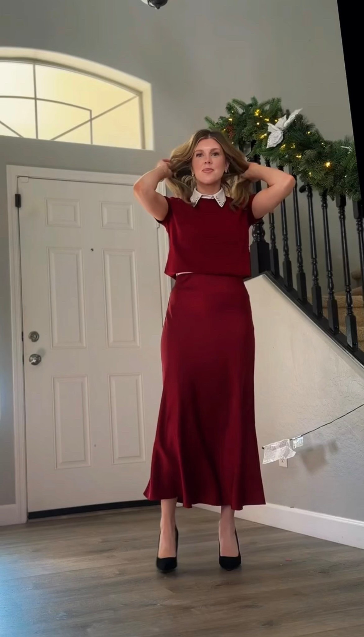 Amazon outfit that looks expensive but isn’t 🎄✨
Wearing a burgundy two-piece set from Amazon that looks like a dress but feels so comfortable. This Amazon fashion find comes in multiple colors, making it perfect for holiday parties, Christmas events, church outfits, family photos, winter date nights, and seasonal gatherings. The midi skirt is flattering, modest, and mom-friendly, while the structured short-sleeve top gives an elevated, polished look. Styled with black heels from Amazon for a classic finish. If you’re searching for affordable holiday outfits, Amazon dress alternatives, classy Christmas outfits, modest holiday fashion, elevated mom style, or versatile amazon sets, this one checks every box. Everything is from Amazon. Combining textures of the same color elevates the look.

#LTKootd #LTKWorkwear #LTKSaleAlert