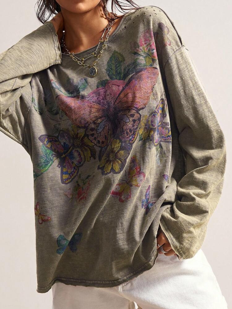 Bohemela Casual Knit Crew Neck Long Sleeve Loose Washed Women T-Shirt Butterfly Shirt Long Sleeve... | SHEIN