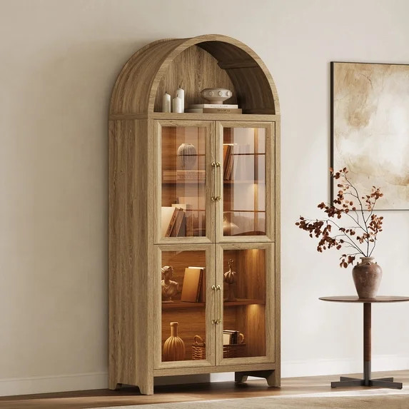 SICOTAS 74"H Large Arched Display Cabinet with Glass Doors & Motion Sensor LED Lights, 5-Tier Cur... | Walmart (US)