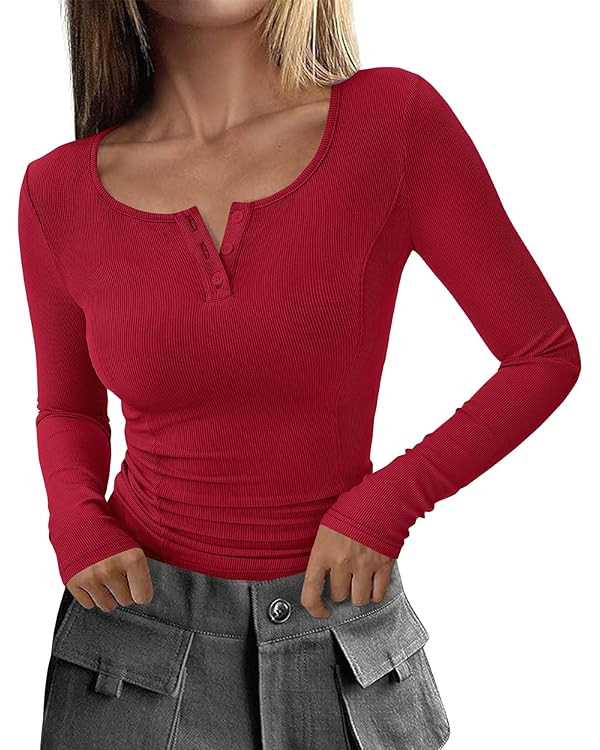 KIRUNDO Womens Tops Long Sleeve Henley Buttons Shirts Slim Fit Ribbed Knit Going Out Top Blouses ... | Amazon (US)