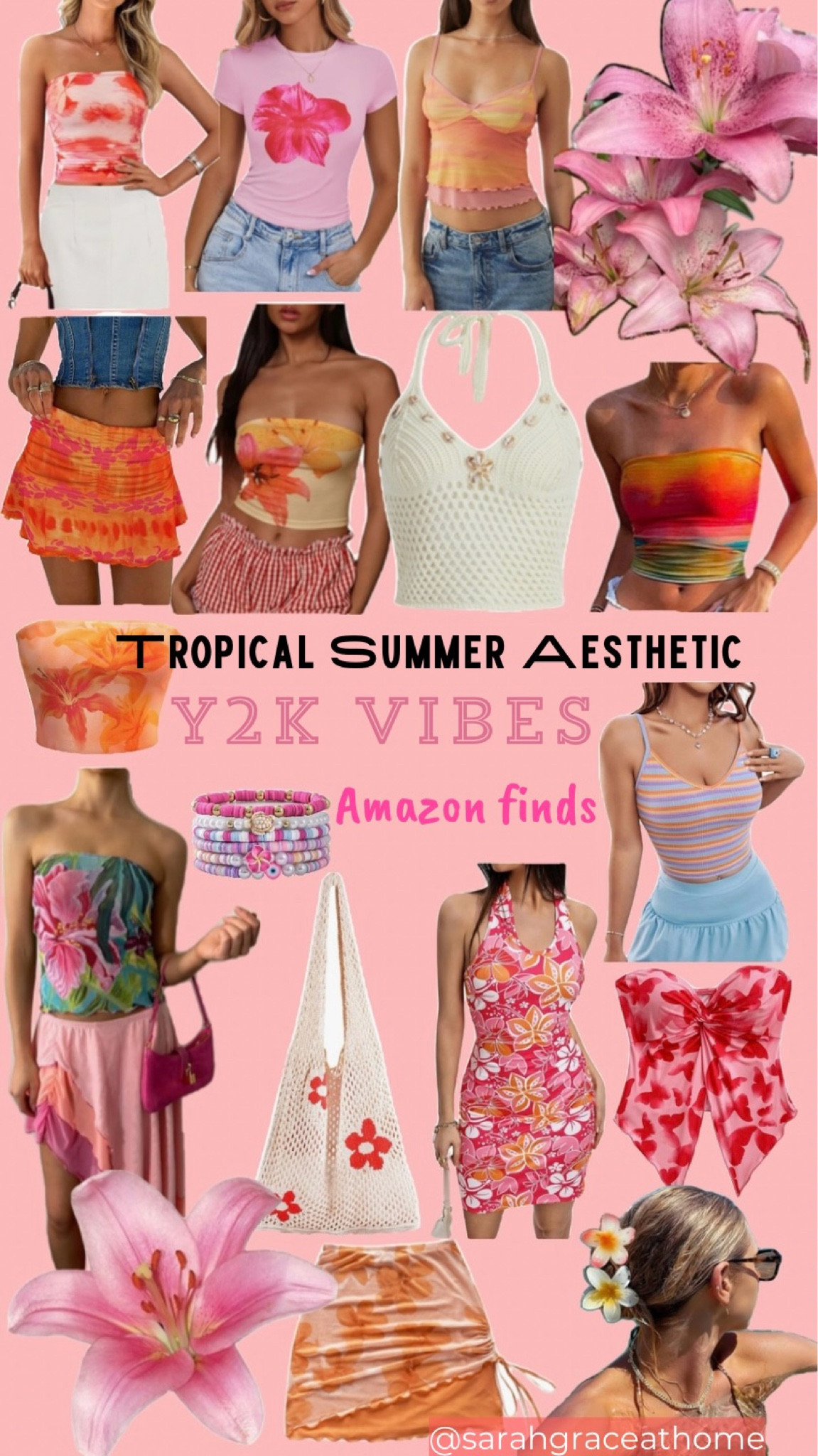Summer Y2K fairy / fairycore 2000s fashion: whimsical, ethereal, colorful tropical summer aesthetic. A collection of tops, camis, skirts, dresses, and accessories. Maximalist elements, Sheer and flowing fabrics like chiffon and mesh; Asymmetrical hemlines and layered ruffles; Bright, dreamy colors like pinks, purples, and oranges with watercolor-like patterns; Embellishments such as beading, sequins, or lace detail; Delicate yet edgy styling, accessorized with vintage-inspired jewelry, and strappy heels.  It draws inspiration from brands like Blumarine, Roberto Cavalli, and the early 2000s runway looks, mixing in fairy-like fantasy elements with sultry, form-fitting designs.

#LTKSpringSale #LTKSeasonal #LTKStyleTip