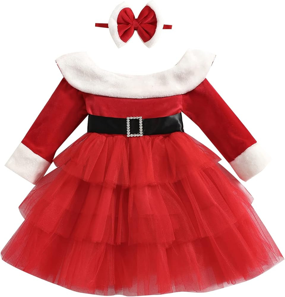 Toddler Baby Girl Christmas Dress Santa Claus Dress Red Velvet Long Sleeve Princess Tulle Dress H... | Amazon (US)