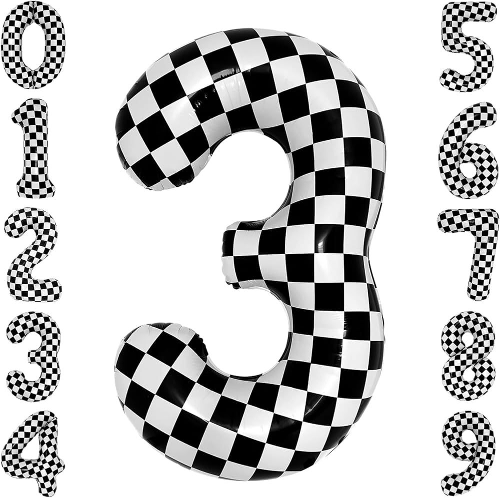 40 Inch Checkered 3 Balloon Large Black and White Number Balloon for Race Car 3rd Birthday Party ... | Amazon (US)