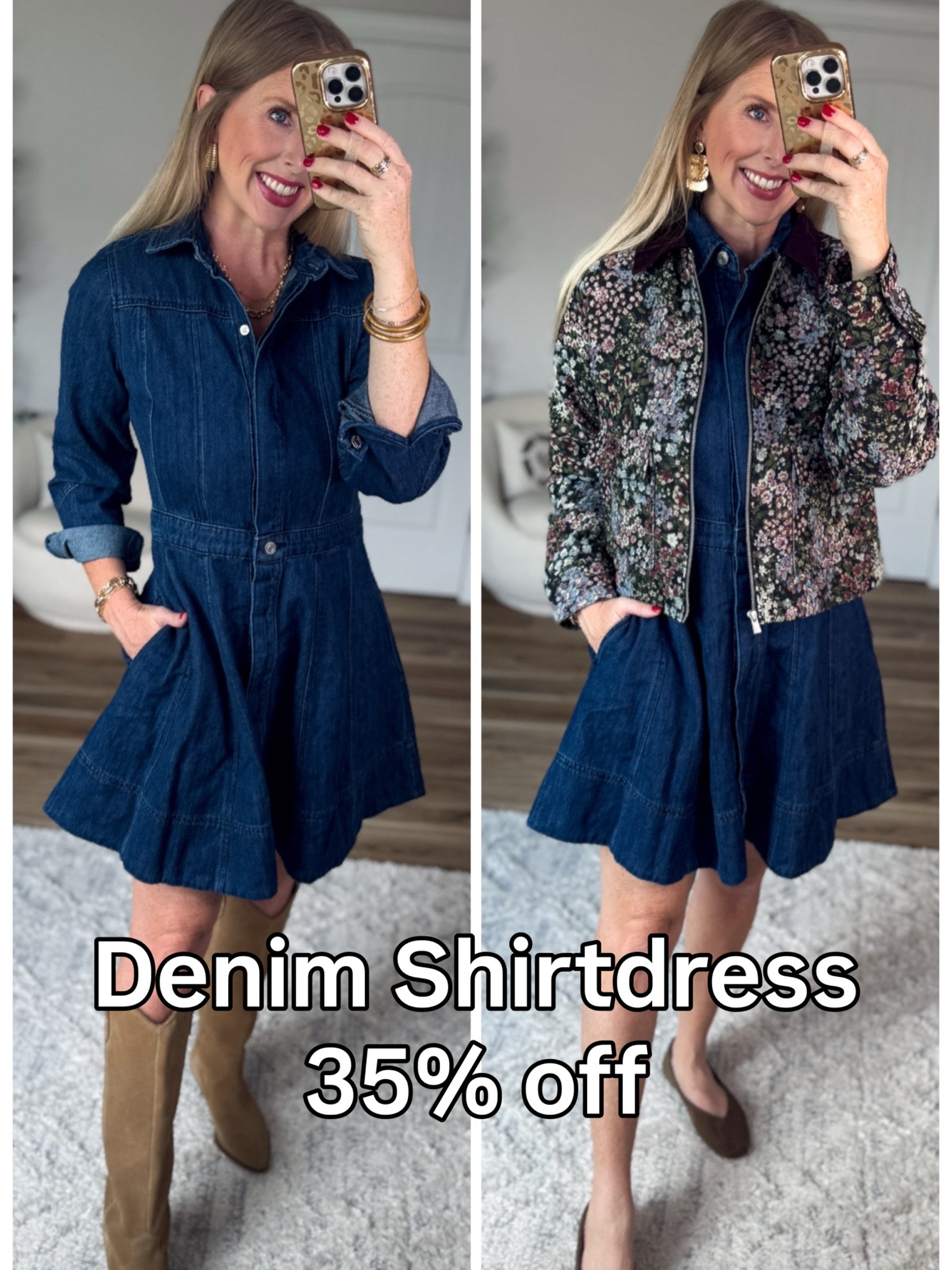 Denim shirtdress and floral jacquard jacket on sale