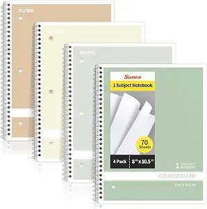 SUNEE Spiral Notebooks College Ruled, 1-Subject, 4 Pack, 8 x 10-1/2 inch, 70 Sheets per Notebook,... | Amazon (US)