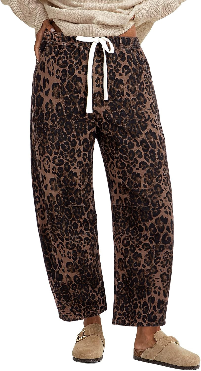 GRAPENT Barrel Jeans for Women Trendy High Waisted Pull On Wide Leg Cropped Leopard Cheetah Print Stretchy Denim Pants | Amazon (US)