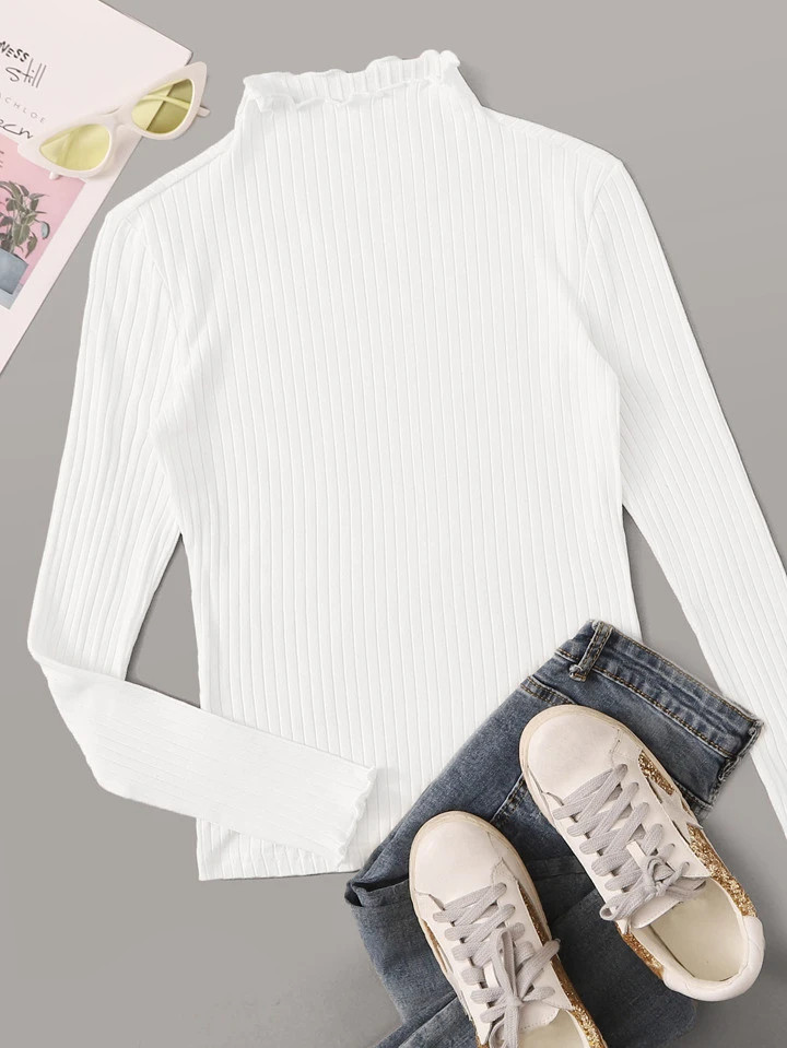 SHEIN EZwear Ribbed Mock Neck Lettuce-Edge Top | SHEIN