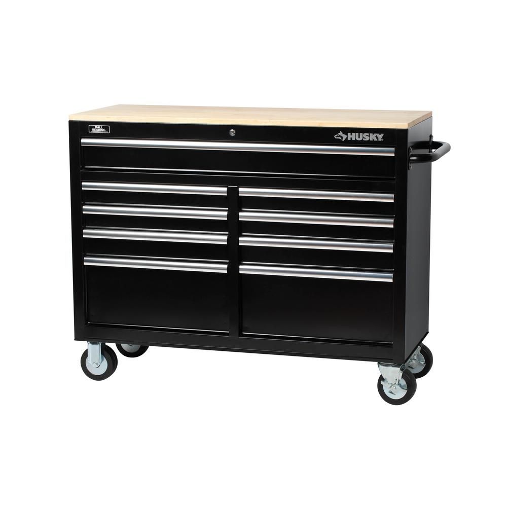 Husky 46 in. W x 18.1 in. D 9-Drawer Tool Chest Mobile Workbench with Solid Wood Top-7440946R - T... | The Home Depot