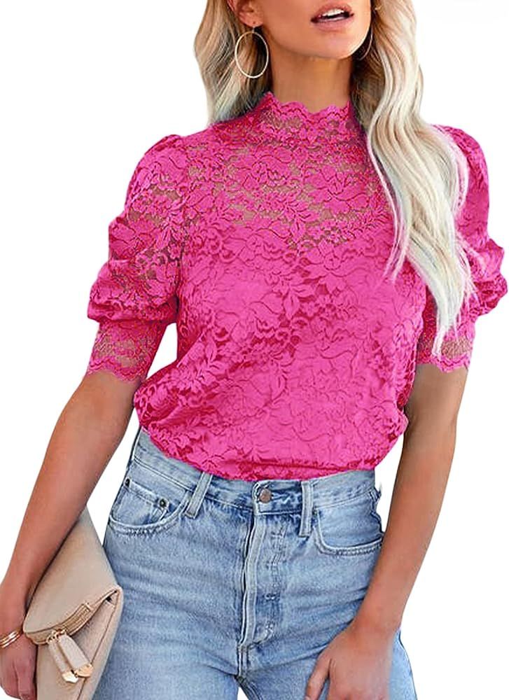 Dokotoo Womens Summer Lace Tops Puff Short Sleeve Mock Neck Casual Blouses Shirts with Separable ... | Amazon (US)