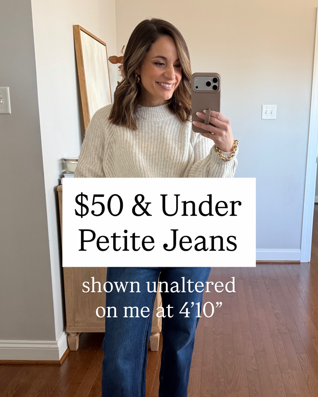 $50 and under petite jeans! 

Quince Bella Relaxed Straight 
24x 28” (inseam options start at 26”)
Length shrinks in the wash over time
10” rise / 28” inseam (washed 27”)/ 7.5” leg opening  

Kohl’s LC Lauren Conrad Super High Rise Flare 
Petite 0 
9.75” rise / 29” inseam - petite short 28” inseam / 9.75” bottom opening 

Kohl’s LC Lauren Conrad High Rise Kickflare 
0 standard 
10.5” rise / 26” inseam / 7.5” bottom leg opening 

BR Wide Leg
petite 24 - tts but stretch with wear 
10” rise/  27.5” inseam /9.25” leg opening

White sweater (Kohl’s): petite xs 
Light Blue Sweater (Kohl’s): petite xs
Blue sweater (J.Crew Factory): xxs 
White top (Quince): xs 
Blazer (J.Crew): Petite 00 
Boots (J.Crew): tts 
Flats (Sam Edelman): tts 

My measurements for reference: I’m 4’10” and 105lbs. My bust, waist, and hip measurement is 32”, 24”, and 36”.
