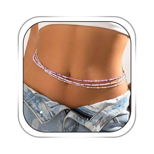 Metisee Waist Chain Beads Waist Chains Boho Chain Belt Beaded Body Chain Pink Chain Belly Multilayer Belt Chain Bikini Summer Body Chains Jewelry for Women | Amazon (US)