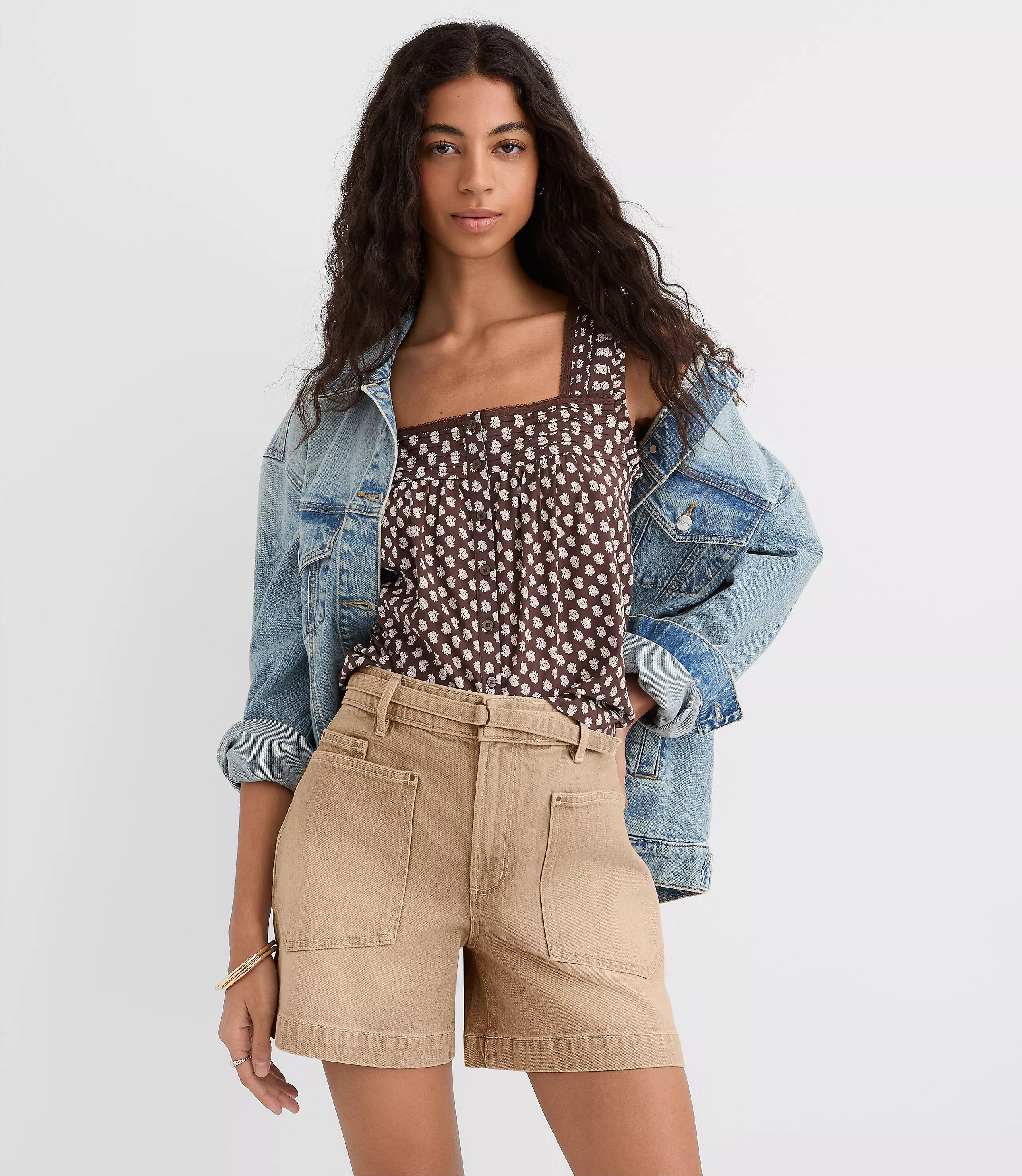 Belted Denim Utility Shorts in Washed Neutral | LOFT