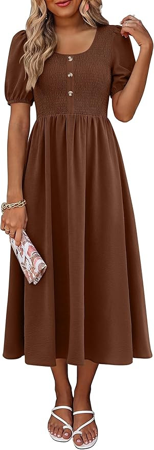 ANRABESS Women Summer Casual Puff Short Sleeve Scoop Neck Smocked Button Up High Waist Flowy Vaca... | Amazon (US)