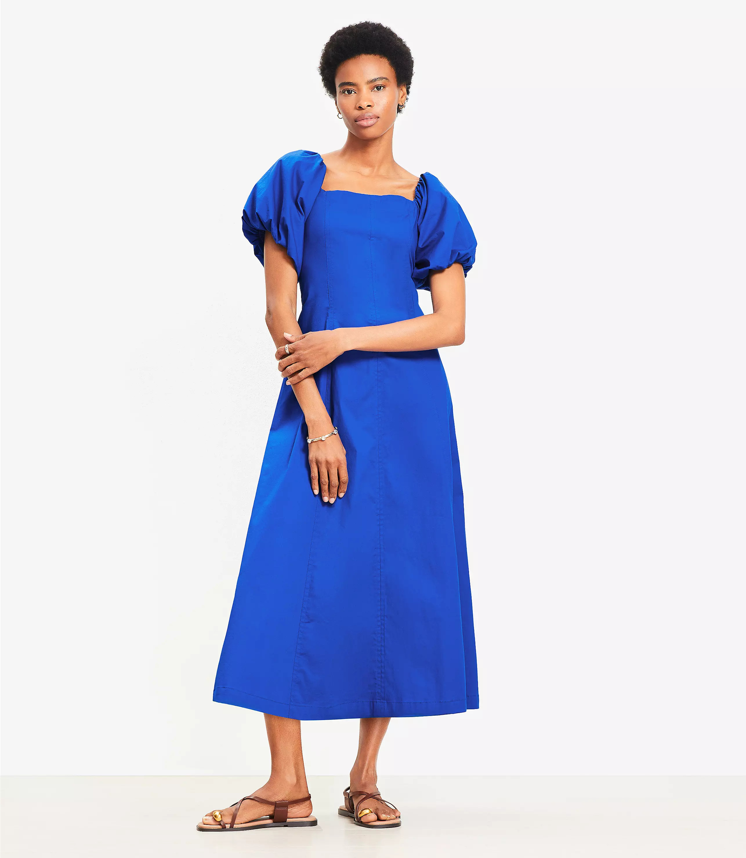 Seamed Puff Sleeve Midi Pocket Dress | LOFT
