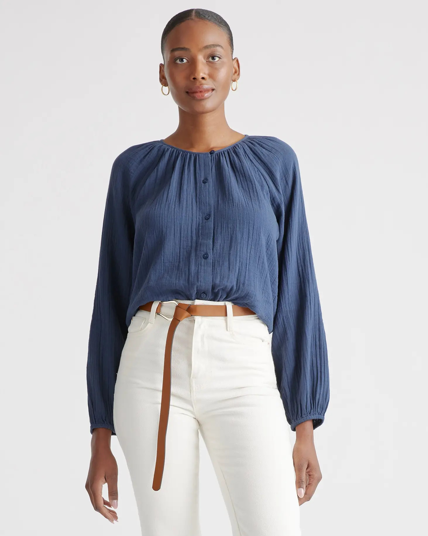 100% Organic Cotton Gauze Peasant Blouse in Indigo Blue | Quince
