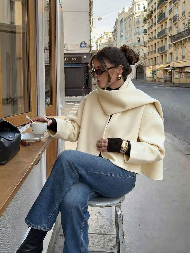 Women's Apricot Color Long Sleeve High-Quality Scarf Collar Short Double-Sided Woolen Coat, Autumn/Winter | SHEIN