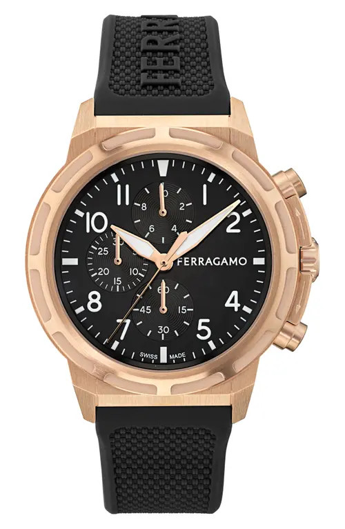 FERRAGAMO Sport Chronograph Silicone Strap Watch, 44mm in Rose Gold at Nordstrom | Nordstrom