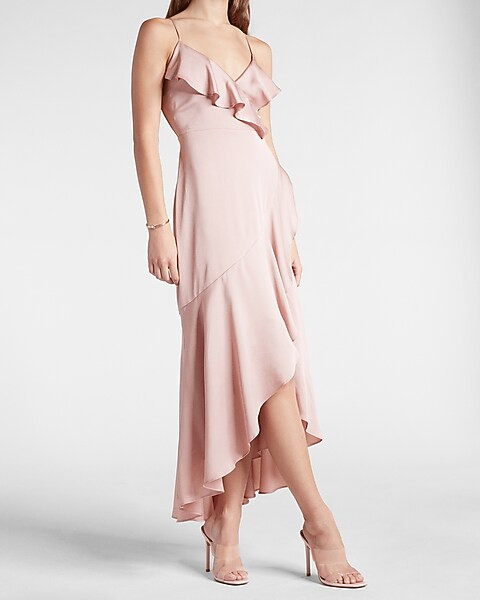 Satin Ruffle Wrap Hi-Lo Maxi Dress | Express