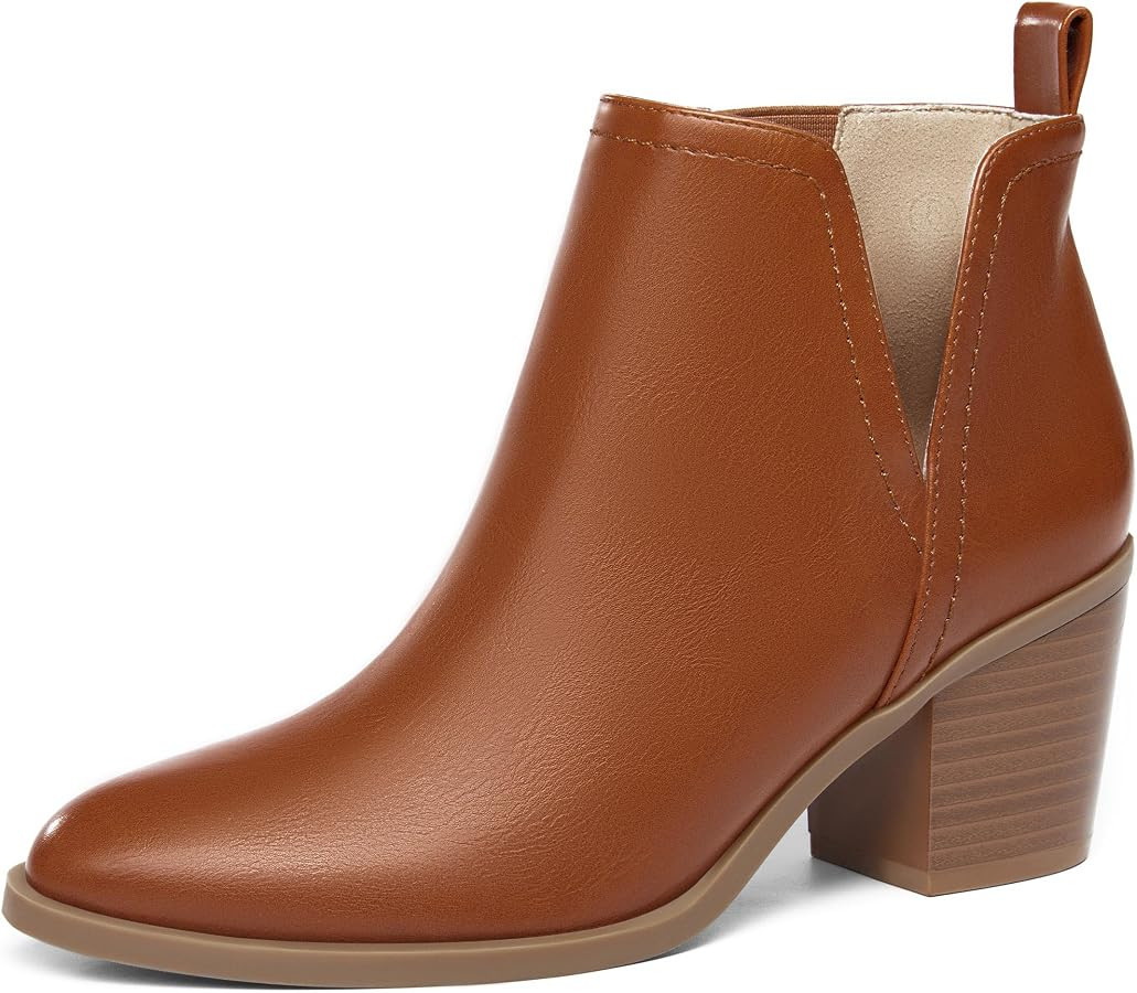 Coutgo Womens Cut Out Ankle Boots Chunky Stacked Heel Almond Toe Slip on Western Booties | Amazon (US)
