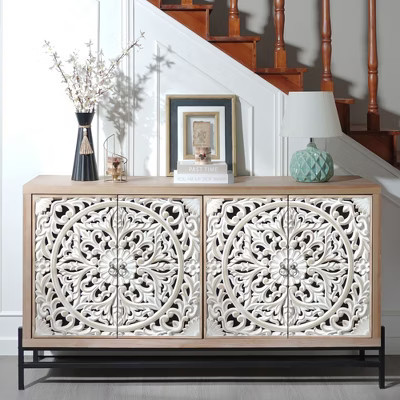 TiramisuBest 4 Door Wood Cabinet Vintage Carved Floral Storage Sideboard with Metal Base for Living Room Entryway Kitchen | Target