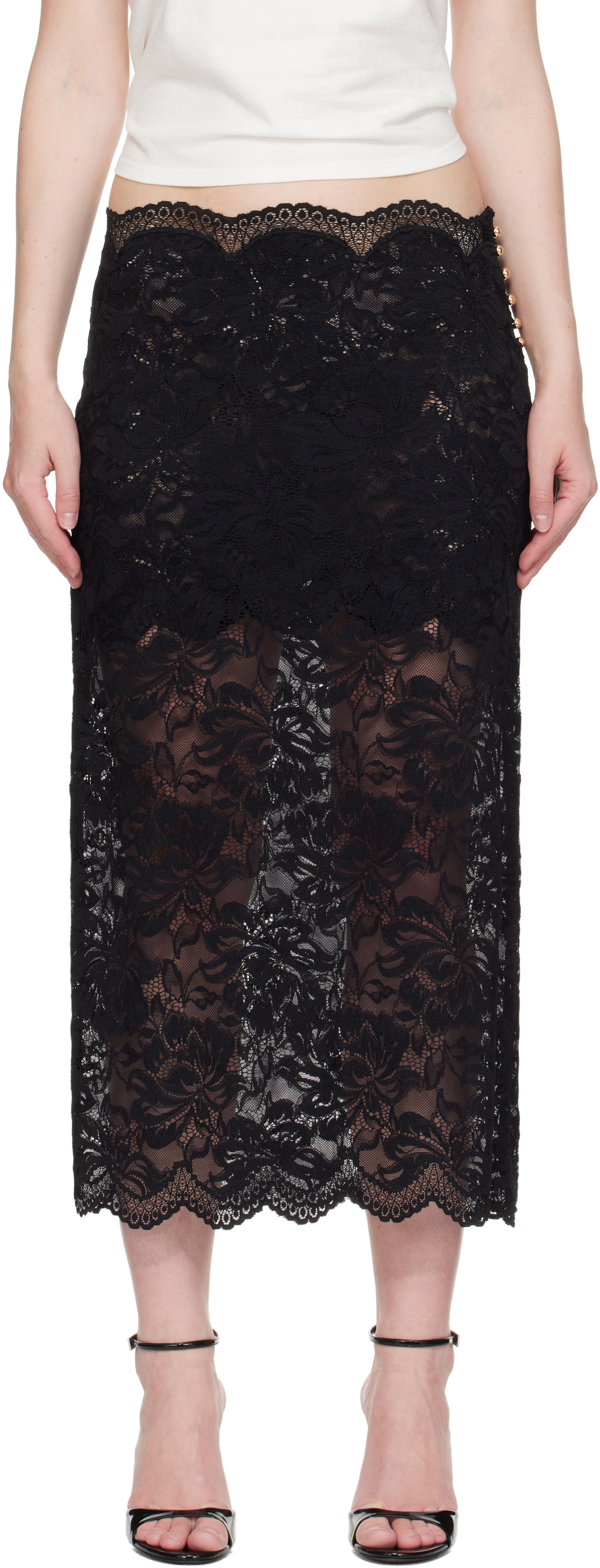 Rabanne Black Lace Midi Skirt | SSENSE