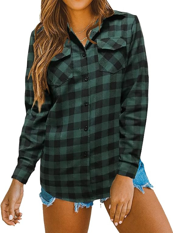 Oyamiki Womens Casual Cuffed Long Sleeve Boyfriend Button Down Plaid Flannel Shirt Tops | Amazon (US)