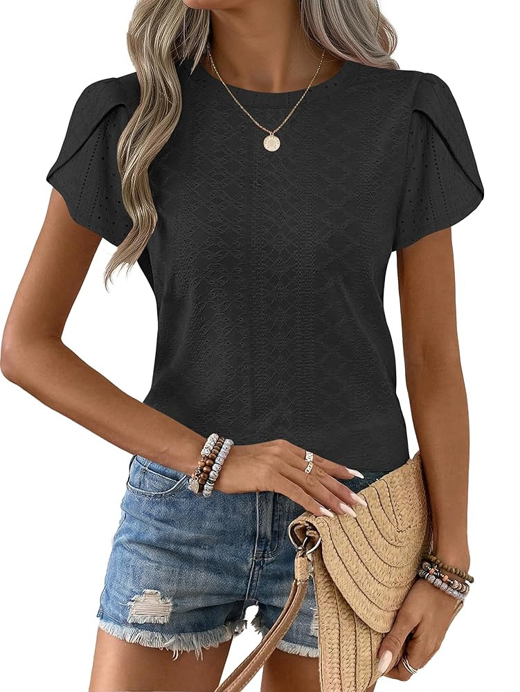 ANRABESS Womens Tops Summer Eyelet Petal Short Sleeve T Shirts Dressy Casual Blouses Ladies Basic... | Amazon (US)