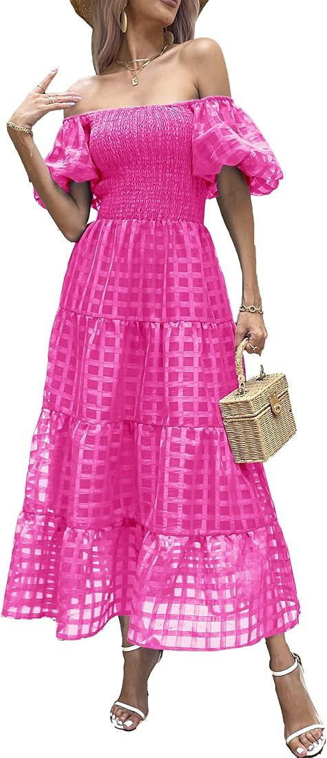PRETTYGARDEN Women's Casual Summer Midi Dress Puffy Short Sleeve Square Neck Smocked Tiered Ruffl... | Amazon (US)