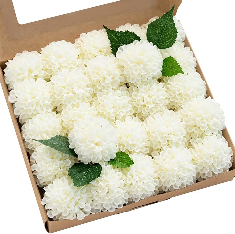 Ling's Moment Artificial Wedding Dahlia Flowers 25 pcs Ivy Fake Roses w/Stem for DIY Wedding Deco... | Amazon (US)