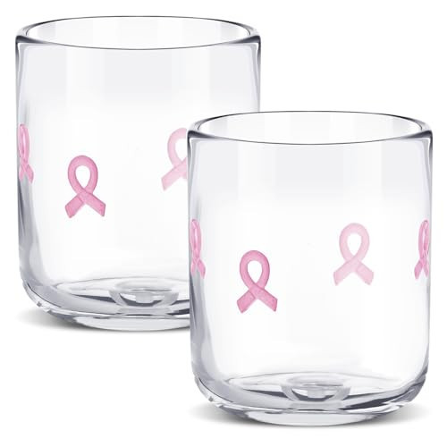 SiliFine 2 Pcs Pink Ribbon Icon Juice Glasses - 14oz Cancer Ribbon Stemless Wine Drinking Coffee Glass Cup for Party Supplies & Gift | Amazon (US)