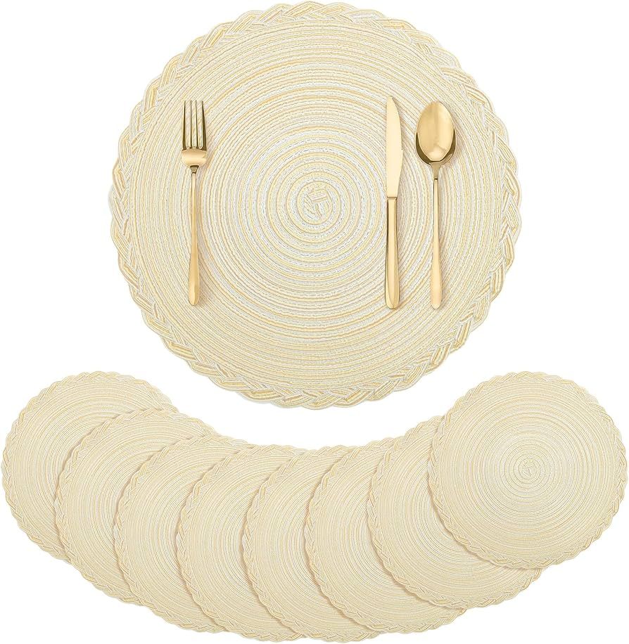 fanquare 15 Inch Beige Braided Placemats Value Set of 8 Round Cotton Placemat with Lace Edge, Per... | Amazon (US)