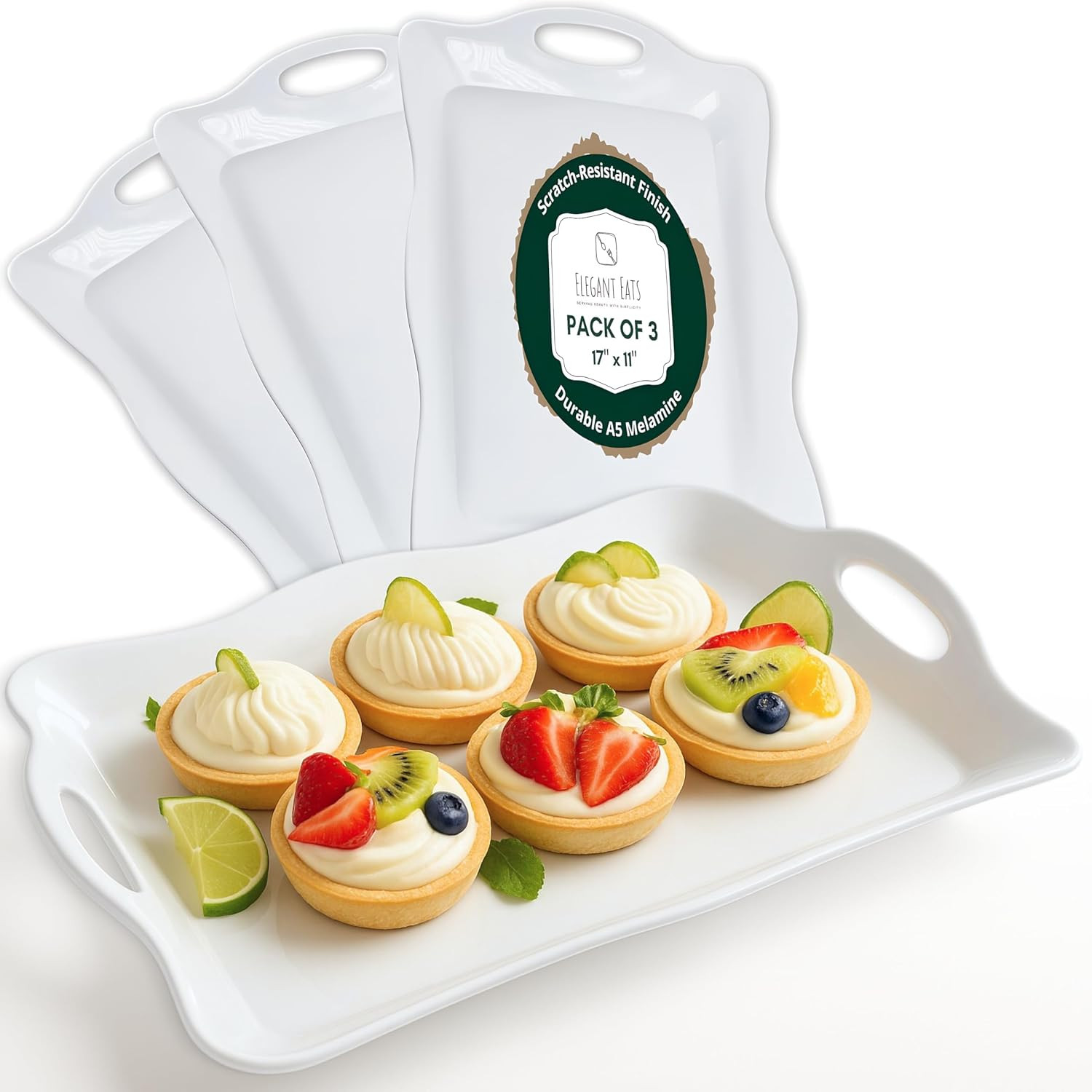 Large Melamine Tray, 17" x 11.5" - White Serving Tray with Handles - Dishwasher Safe - Rectangular Melamine Platter for Meat, Appetizers, Cookies, Grill or Party Snacks - Set of 3 | Amazon (US)