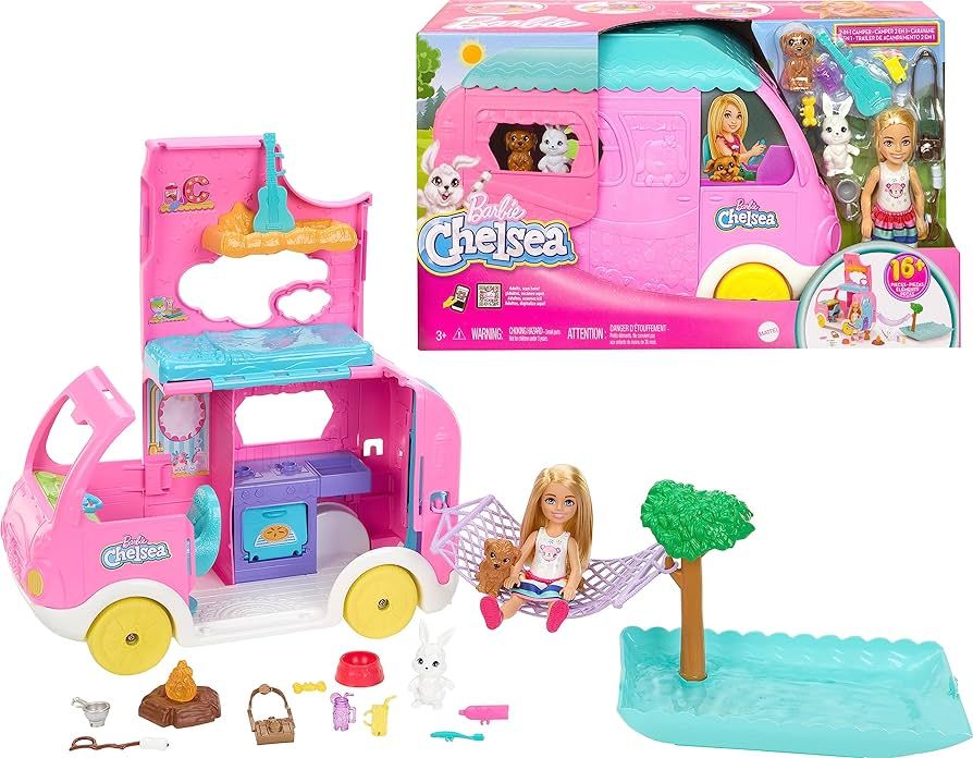 Barbie Camper, Chelsea 2-in-1 Playset with Small Doll, 2 Pets & 15 Accessories, Vehicle Transform... | Amazon (US)