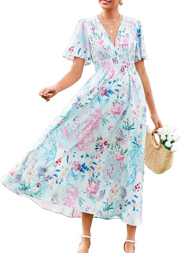 Womens V Neck Flutter Sleeve Boho Midi Dress Summer Wedding Guest Beach Party Long Dresses | Amazon (US)