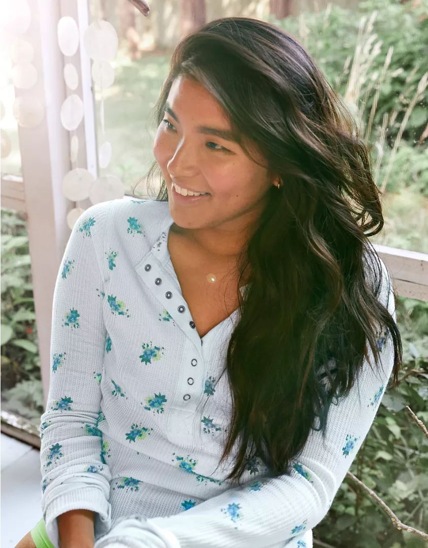 Aerie Heart-Eyes Waffle Henley Long Sleeve T-Shirt | American Eagle Outfitters (US & CA)