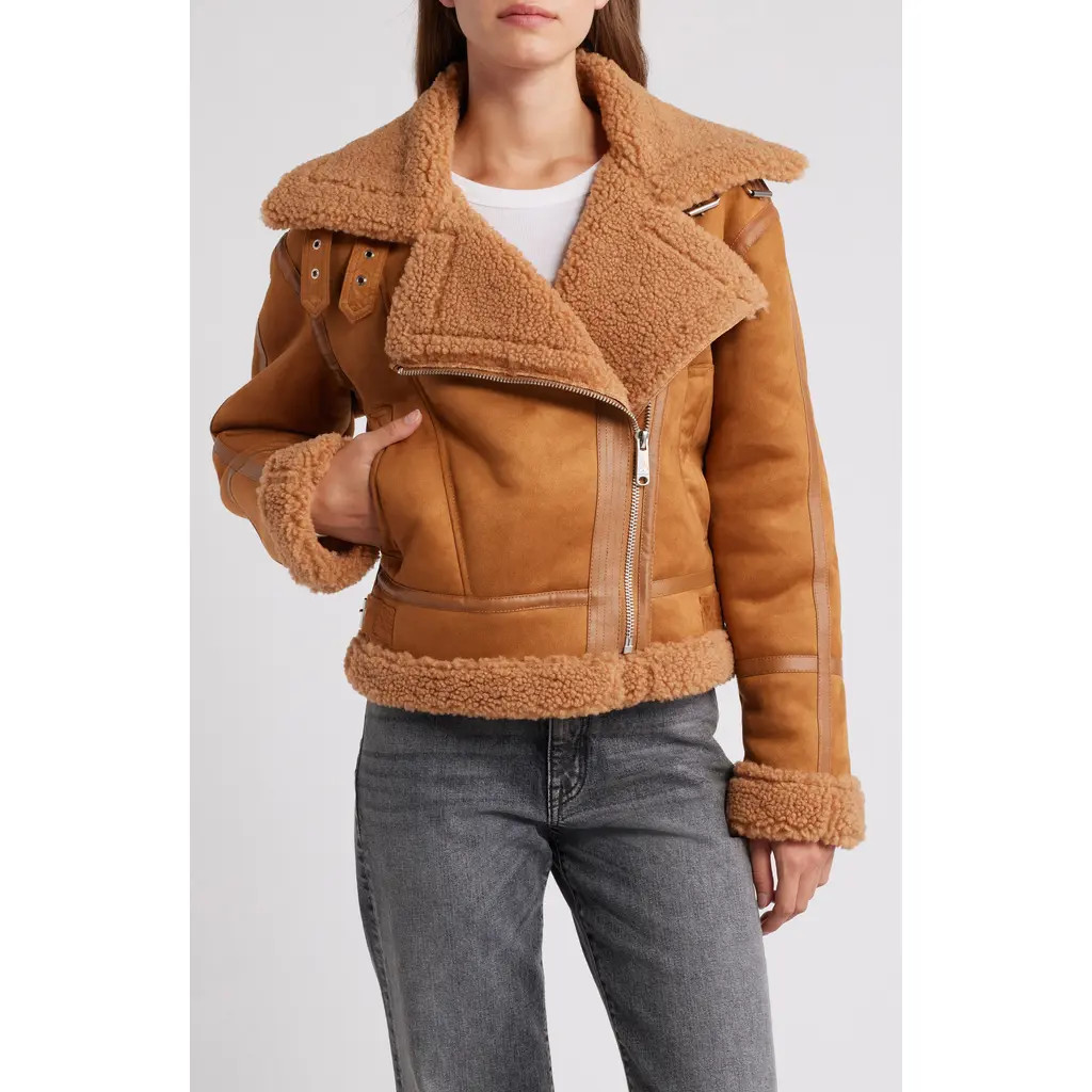Sam Edelman Notched Lapel Faux Shearling & Faux Suede Jacket in Sepia Taupe at Nordstrom, Size Small | Nordstrom