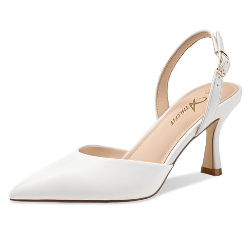 Athlefit Closed Pointed Toe Kitten Heels for Women Dress Work Wedding Party Slingback Stiletto Pumps Shoes White, Size 9, SAPU2606W | Amazon (US)