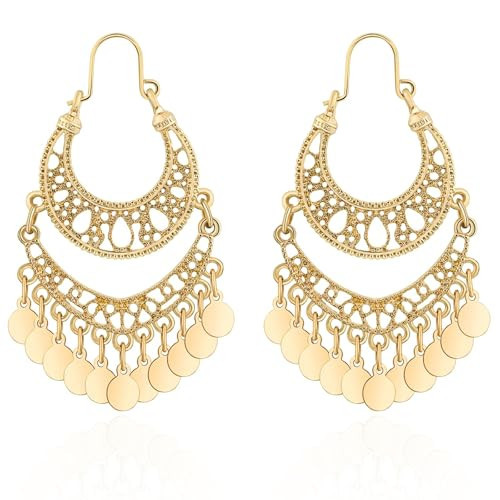 18K Gold Plated Filigree Dangling Large Gold Plated Chandelier Earrings for Women Indian Jewelry for Women | Amazon (US)