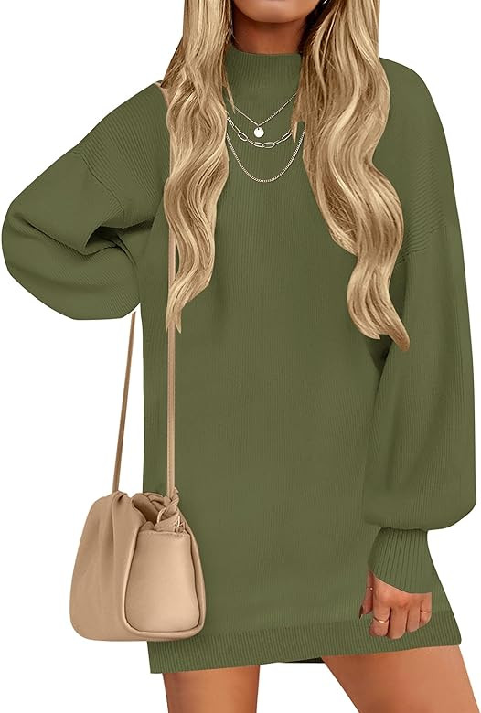 ZESICA Women's 2023 Fall Turtleneck Sweaters Dress Oversized Long Lantern Sleeve Casual Knit Pull... | Amazon (US)