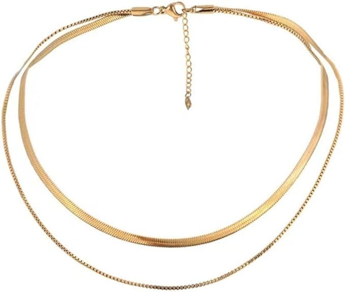 CROISIER Minimalist Gold Chain Double Layer Necklace. Dainty Sterling Steel 18K Gold Plated Herri... | Amazon (US)