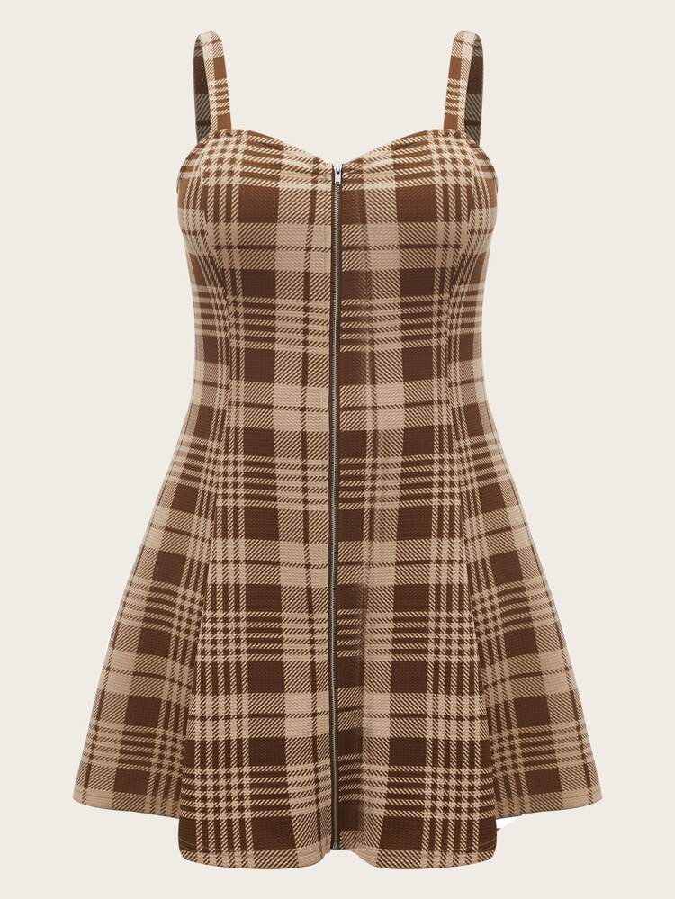 SHEIN Plus Exposed Zipper Front Solid Cami Dress | SHEIN