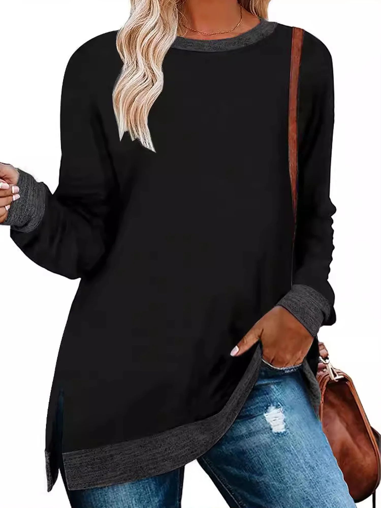 SWQZVT Womens Fall Tops Long Sleeve Shirts Crewneck Loose Casual Pullover Fashion Color Block Sid... | Walmart (US)