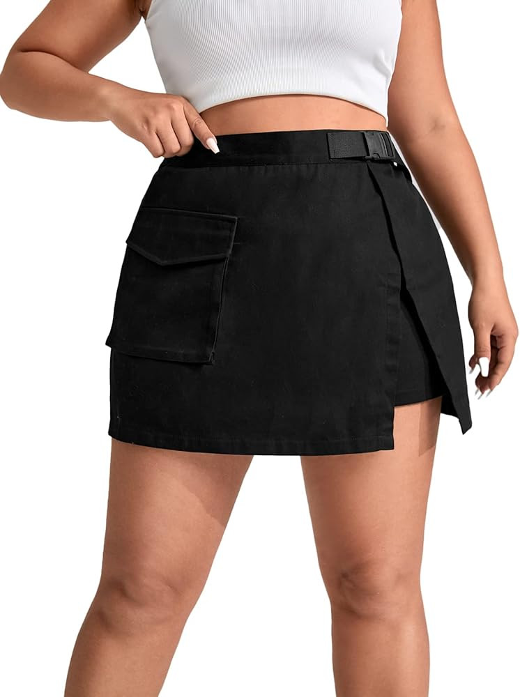 WDIRARA Women's Cargo Skirt Utility Asymmetrical Slit High Waist Wrap Mini Skirt with Buckle Blac... | Amazon (US)