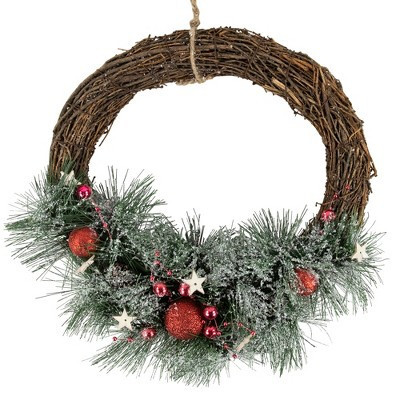 Northlight Ornaments, Pine Needles and Stars Frosted Small Artificial Christmas Half Wreath - 13.75" - Unlit | Target