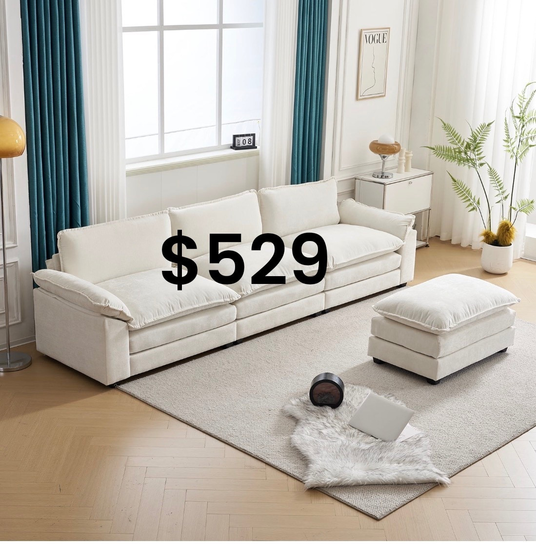 A bright, airy modern living room with a long oversized white cloud-style sofa and matching ottoman on a soft neutral rug. Tall windows flood the space with natural light, framed by teal velvet drapery and sheer white curtains. Minimalist decor with a chrome side table, sculptural lamp, and a single fern plant. Light oak herringbone floors, soft textures, cozy yet elevated atmosphere, Scandinavian meets quiet luxury aesthetic, editorial interior photography, high-end home design, neutral palette, serene, calm, elegant.

⸻

HASHTAGS (25)

#quietluxury
#modernlivingroom
#cloudcouch
#neutralhome
#scandinavianstyle
#interiorinspo
#homedecorideas
#luxuryinteriors
#minimalhome
#cozymodern
#designinspo
#homeaesthetic
#livingroomgoals
#softneutrals
#editorialhome
#modernclassic
#timelessinteriors
#lightandbright
#calmhome
#aestheticspaces
#homeinspiration
#stylishhome
#neutraldecor
#interiorstyling
#trendyhome



#LTKGiftGuide #LTKHoliday #LTKdayinmylife