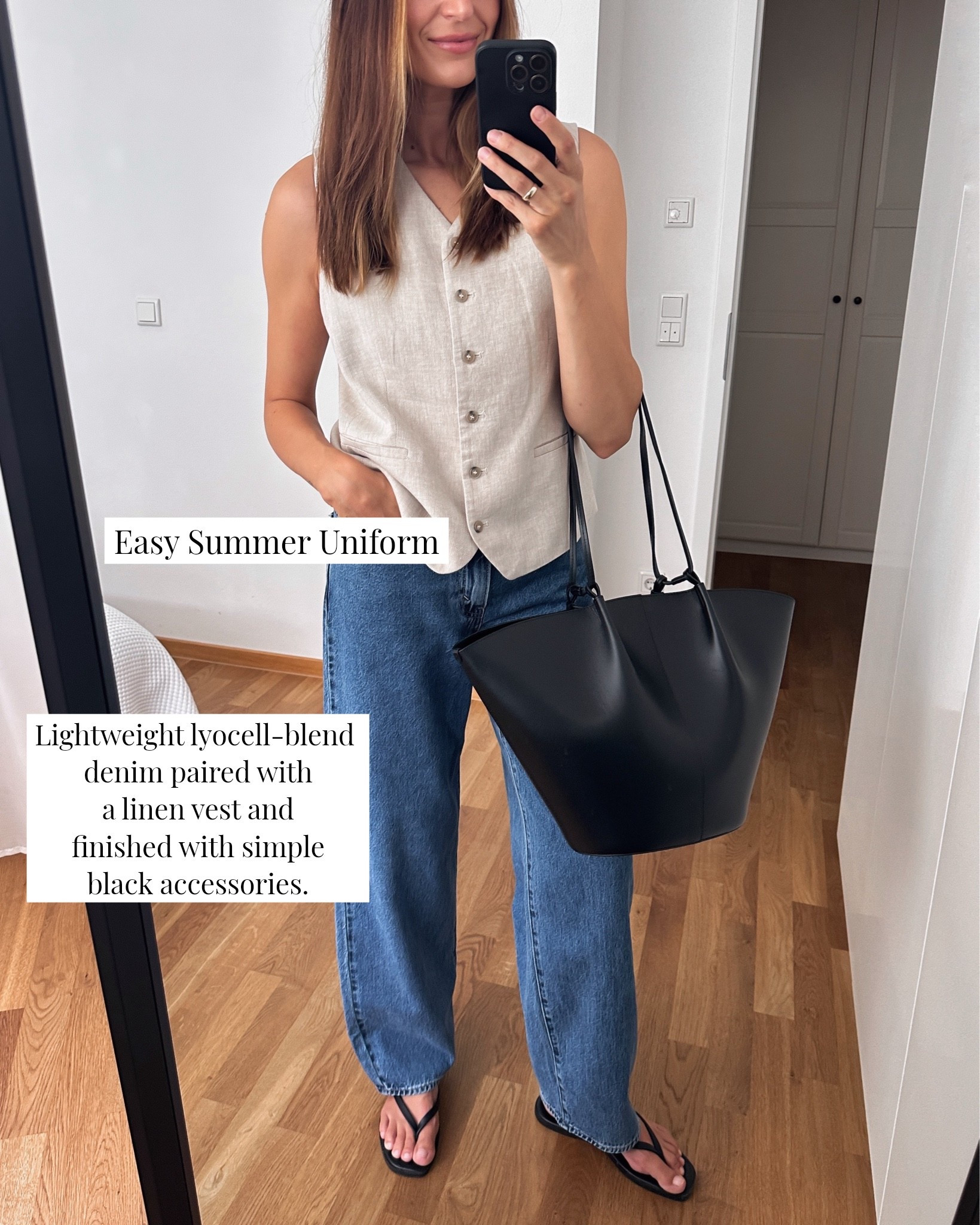 Easy Summer uniform:
- Jeans - run big, would recommend sizing down
- Vest - linen vest (old, but linked some alternatives)
- Bag (old, but linked some great classic alternatives )