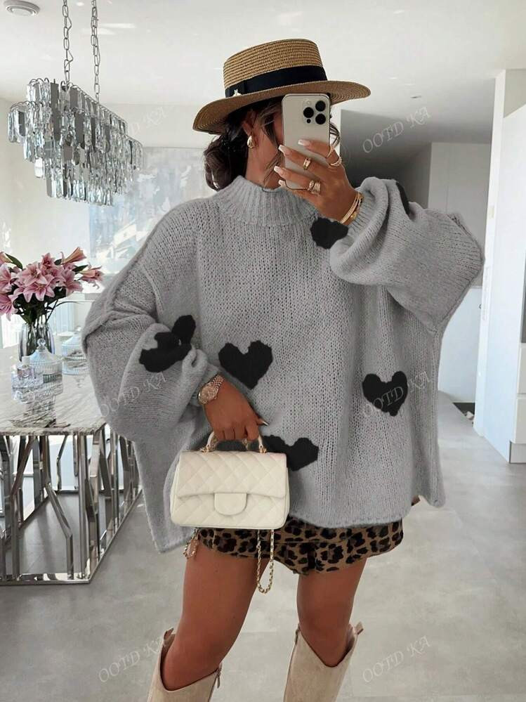 Oversized Autumn And Winter Fashion Casual Valentine's Day Pink Love Random Jacquard Drop Shoulde... | SHEIN