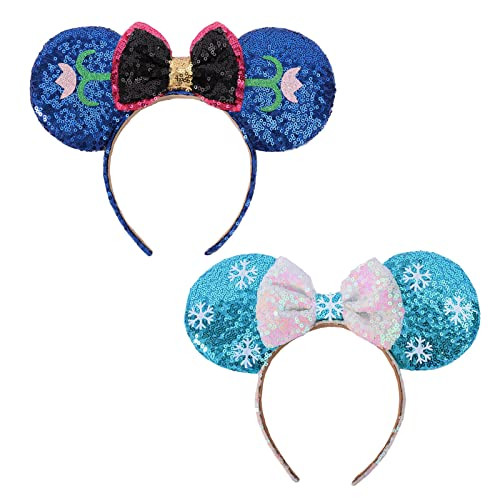 ETLUK Mouse Ears Bow Headbands, 2 PCS Frozen Mouse Ears for Cosplay Costume Princess Elsa and Anna Sequins Headbands for Women, Girls (Blue-White Snow & Blue Purple Flower) | Amazon (US)