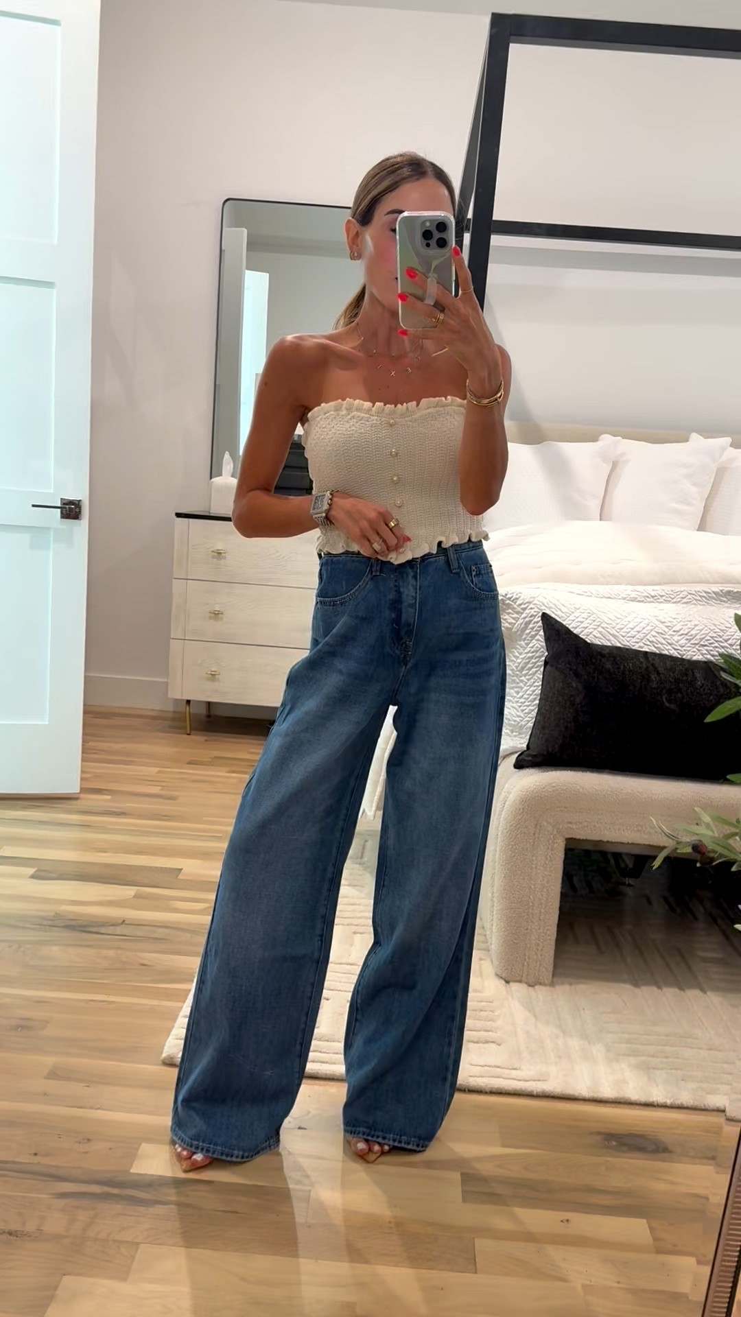 Amazon jeans with adjustable waist and have a wide leg fit. Strapless pearl top so cute for vacation 

#LTKPetite #LTKootd